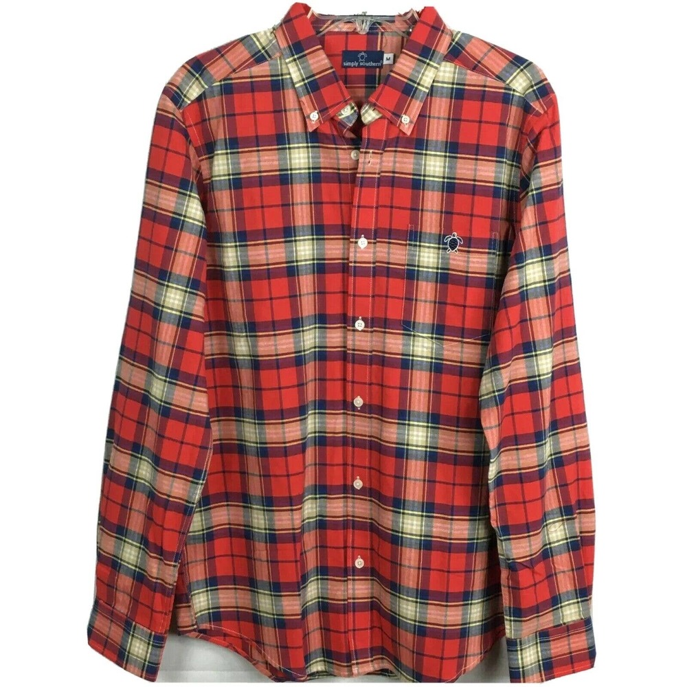 Simply Southern Shirt Mens Sz M Red Tartan Plaid Cotton Long Sleeve Button Down